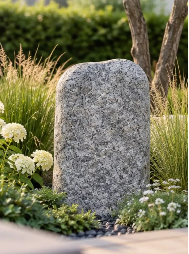 Gedenkstein aus grauem Granit als abgerundete Stele im Garten