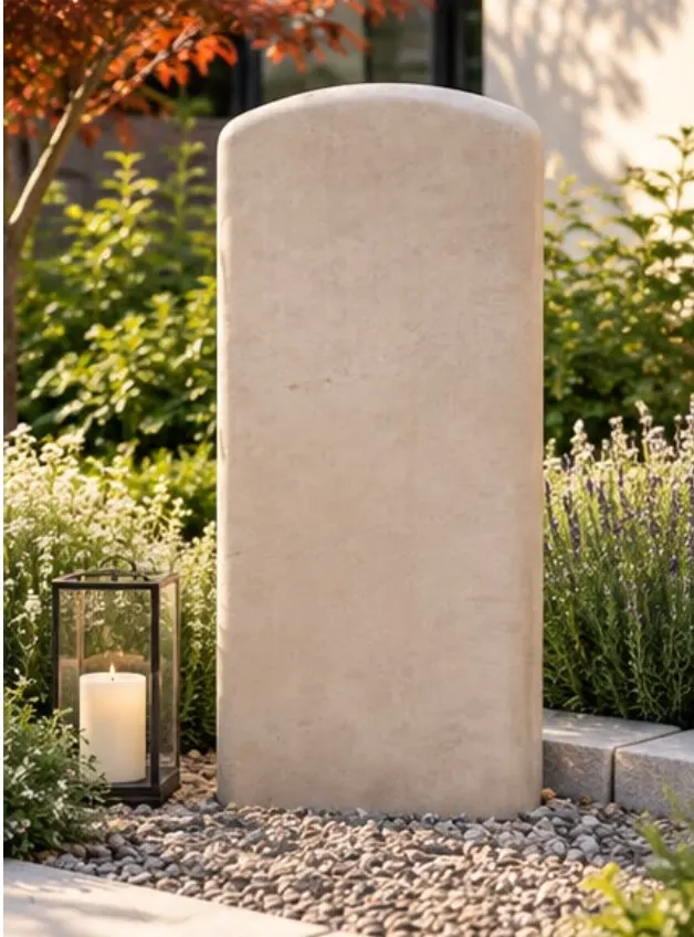 Beiger Gedenkstein aus Kalkstein mit Laterne und Lavendel