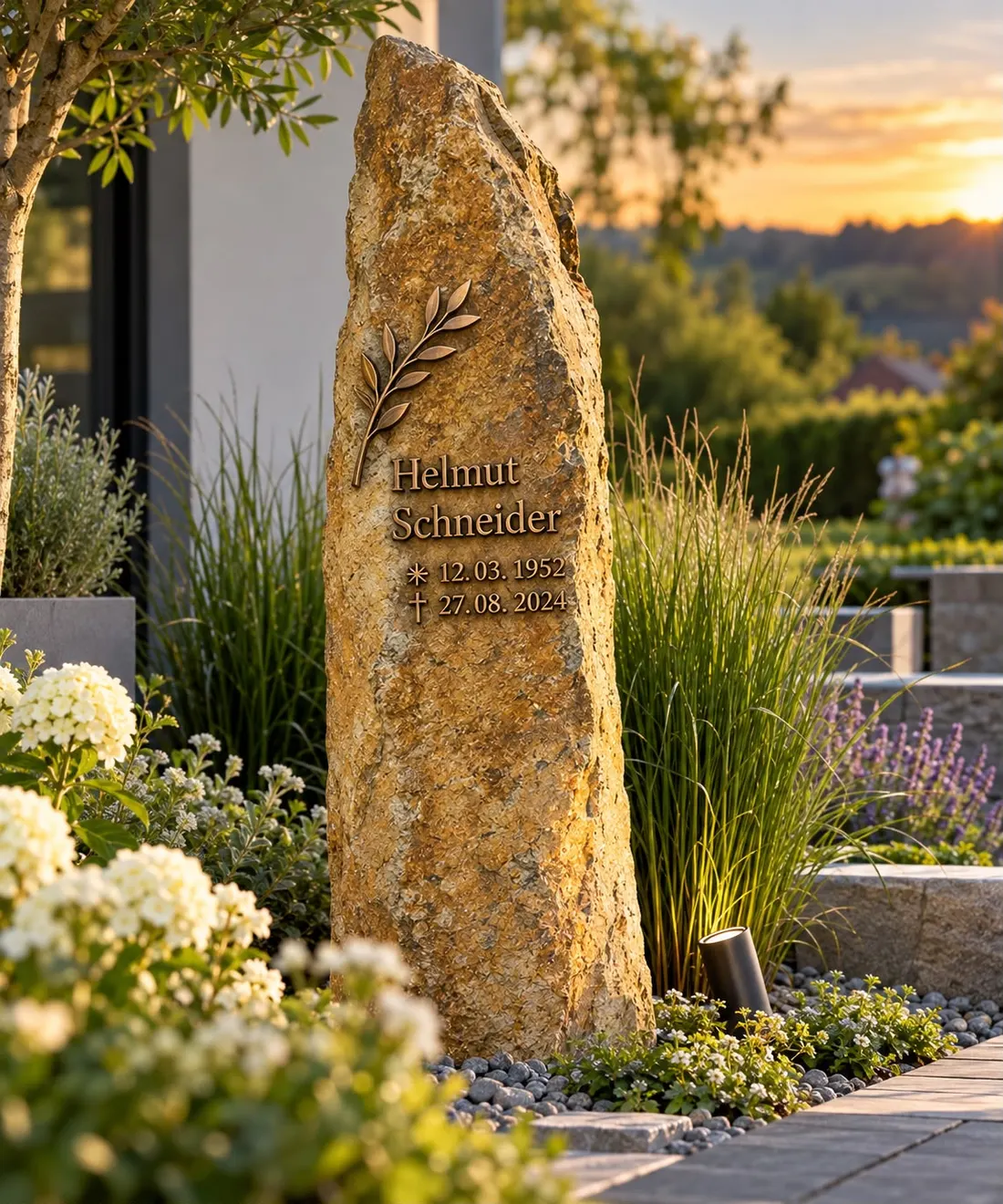 Gedenkstein aus goldbraunem Naturstein mit Bronzeschrift, Namen, Daten und Olivenzweig