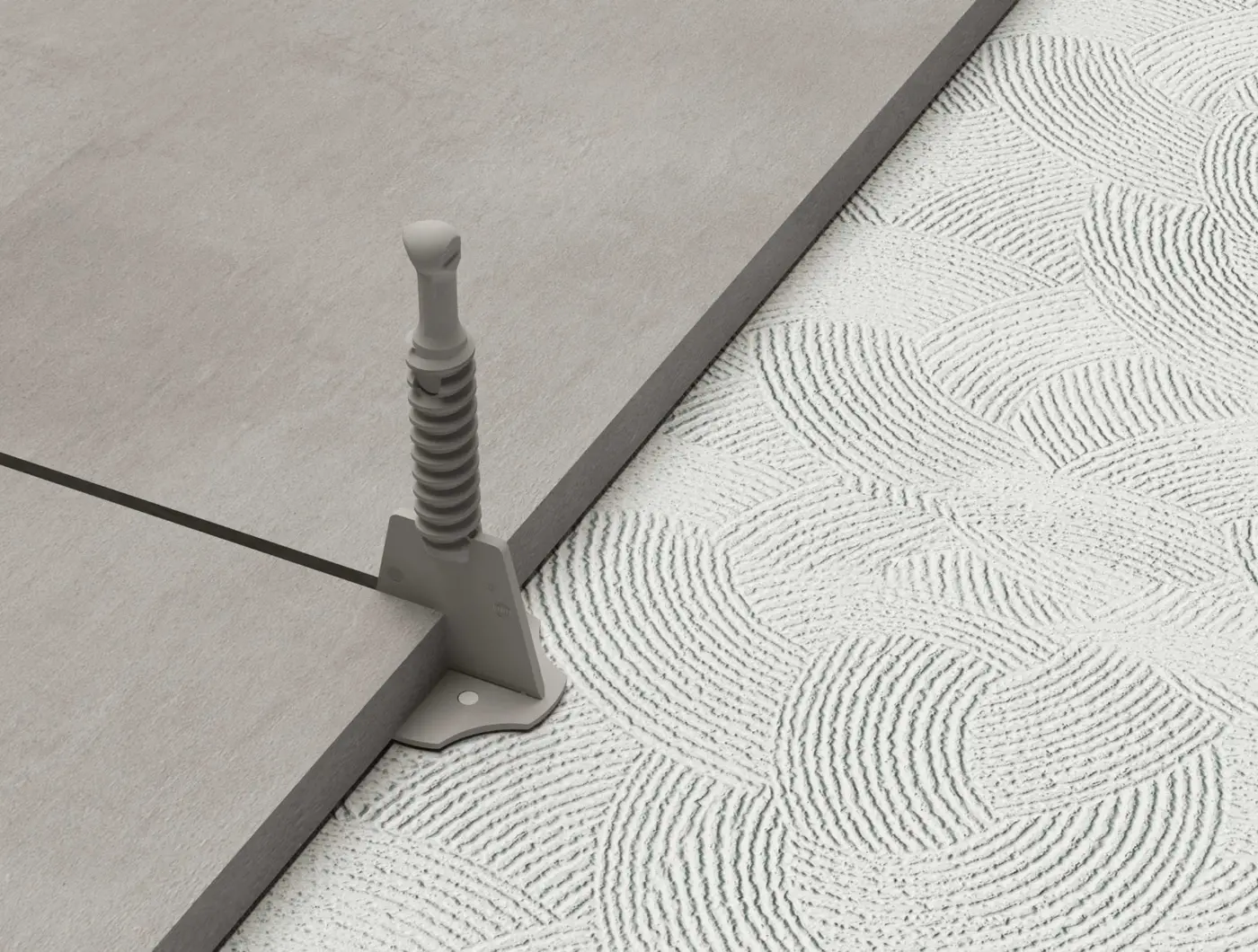 Leveltec T-Zuglasche mit Spindel an der Fuge zweier Fliesen
