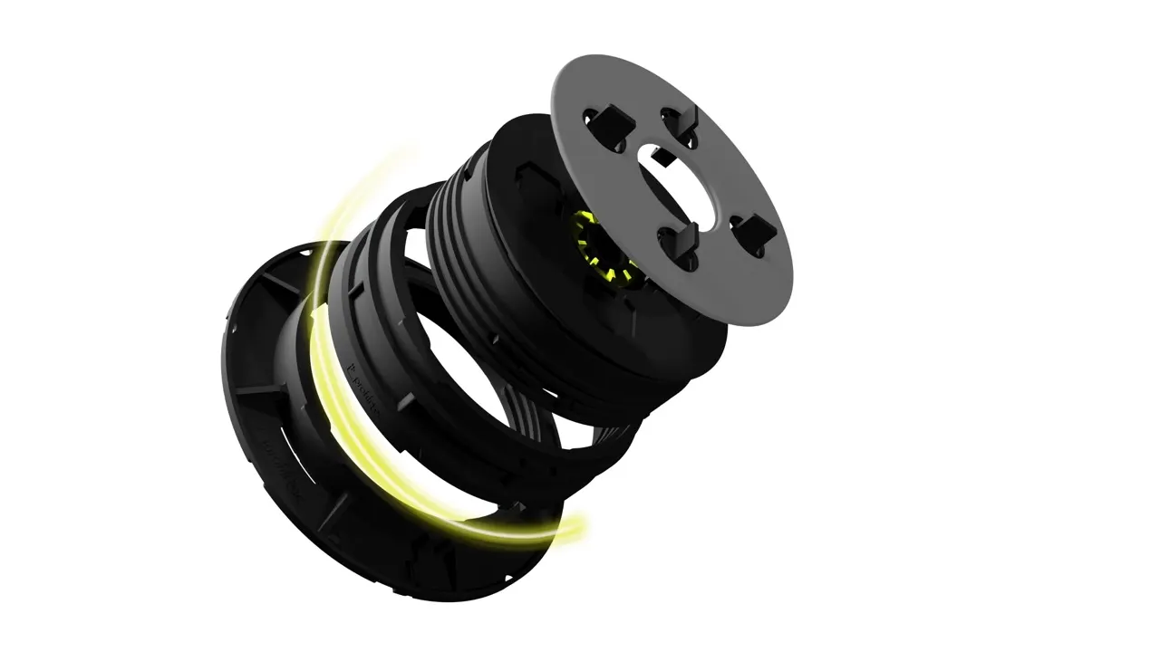 Explosionsansicht eines UPTEC Stelzlagers mit Basis, Modulring und Kopf